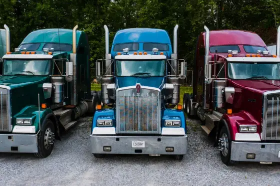 Three clean tractor units parked side by side in a yard