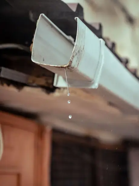 Water dripping from the end of a gutter above a weathered fascia board