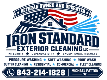 The Iron Standard Exterior Cleaning sign: veteran owned and operated, pressure washing, soft washing, roof wash, gutter cleaning, residential, commercial and fleet cleaning